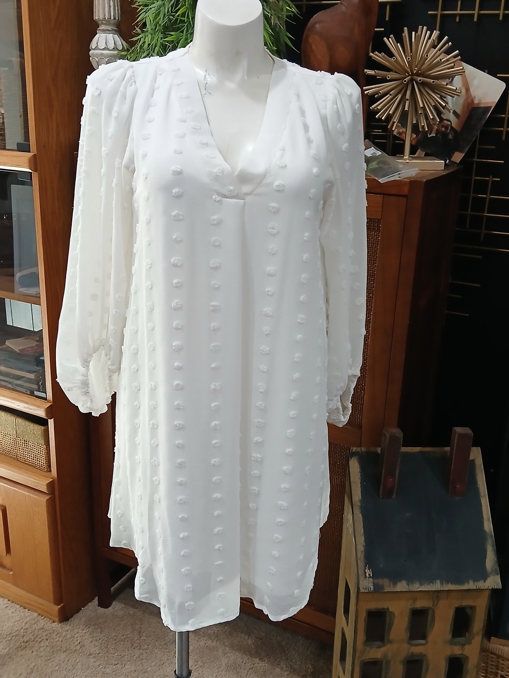 JODIFL White Textured V-Neck Long Sleeve Dress